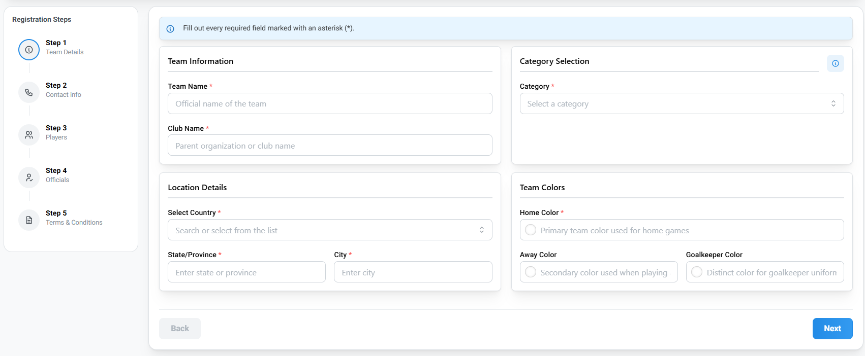 Team registration page