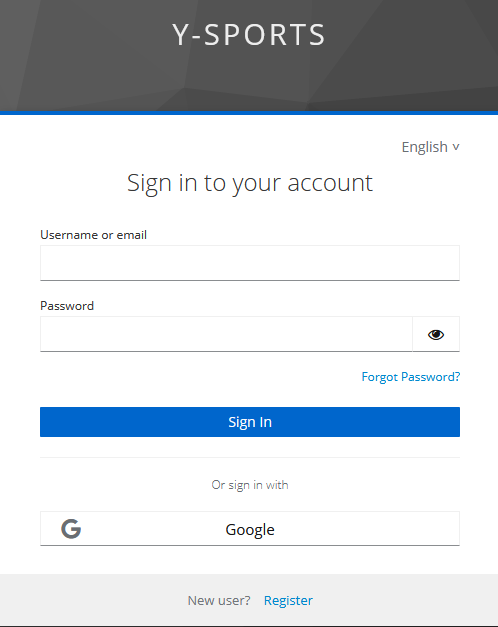 Y-sports sign-in screen with Google option