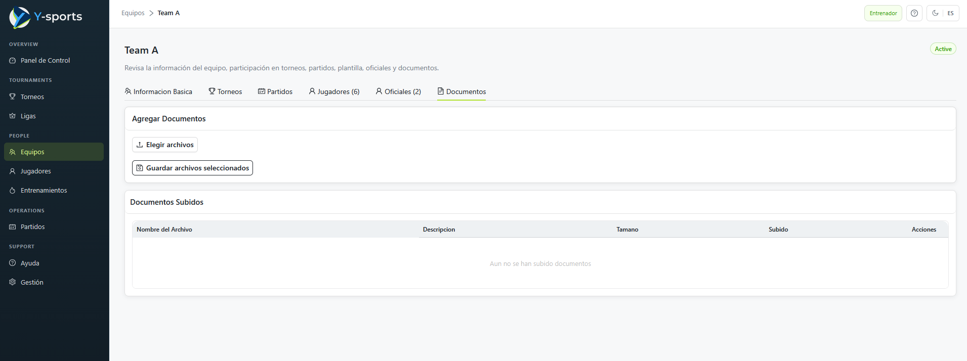 Y-sports Teams menu and Documents tab with controls for choosing and saving payment receipt files
